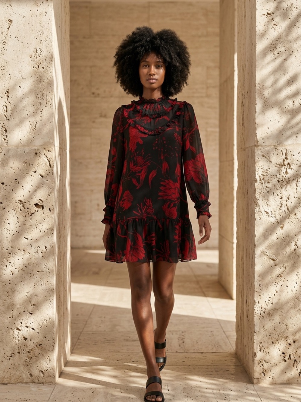 Zara Women's Black & Red Floral Long-Sleeve Ruffled Mini Dress Sz/S NWOT